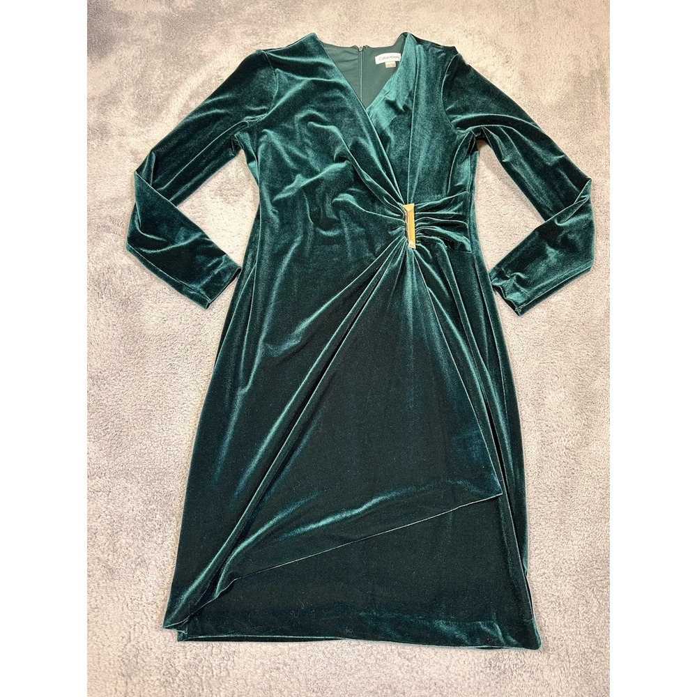 Calvin Klein Dress Womens 12 Green Velvet Faux Wrap Cocktail Holiday Sheath
